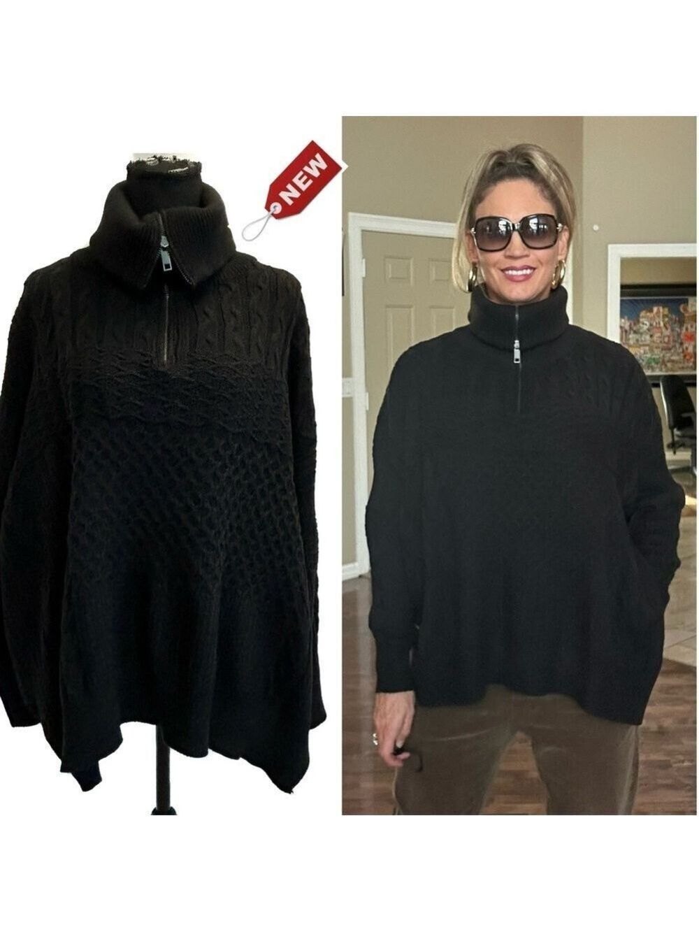 Cloth by Design black chunky cable knit high zippered turtleneck sweater M NWT